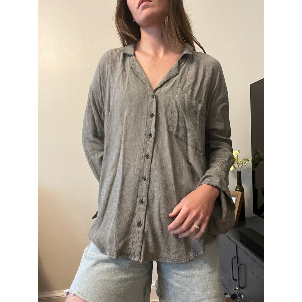 Free People Boho Womens Oversized Striped Button Down Shirt Pleated Back XS